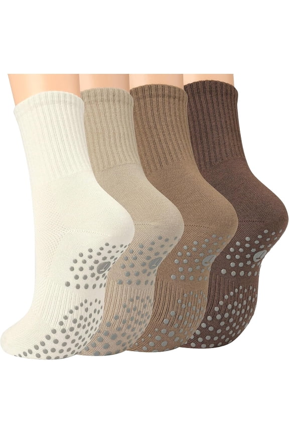 Pilates Socks for Women with Non Slip Grippers, Yoga Crew Socks for Barre Hospital Sticky Slipper Socks 4 Pairs