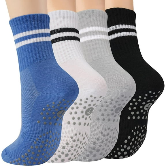 ZENFLEX Pilates Socks for Women with Non Slip Grippers, Yoga Crew Socks for Barre Hospital Sticky Slipper Socks 4 Pairs
