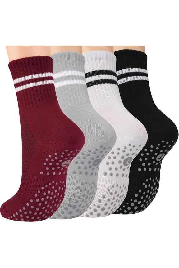 Pilates Socks for Women with Non Slip Grippers, Yoga Crew Socks for Barre Hospital Sticky Slipper Socks 4 Pairs
