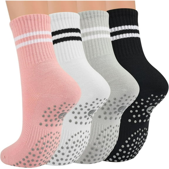 ZENFLEX Pilates Socks for Women with Non Slip Grippers, Yoga Crew Socks for Barre Hospital Sticky Slipper Socks 4 Pairs