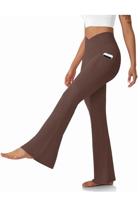 Women's Flare Leggings with Pockets-Crossover High Waisted Bootcut Yoga Pants-Tummy Control Bell Bottom Leggings