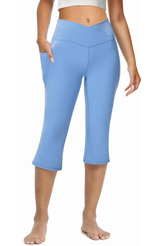Women's Flare Leggings with Pockets-Crossover High Waisted Bootcut Yoga Pants-Tummy Control Bell Bottom Leggings