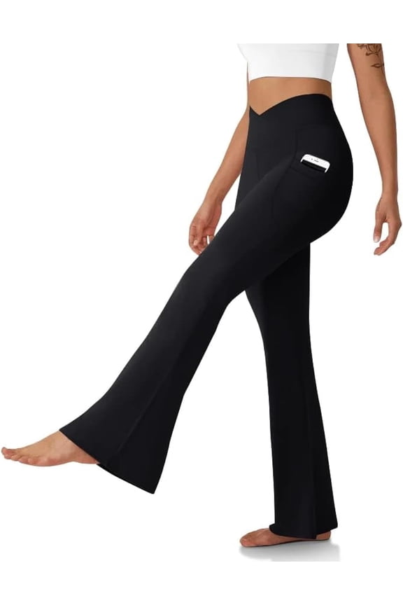 Women's Flare Leggings with Pockets-Crossover High Waisted Bootcut Yoga Pants-Tummy Control Bell Bottom Leggings