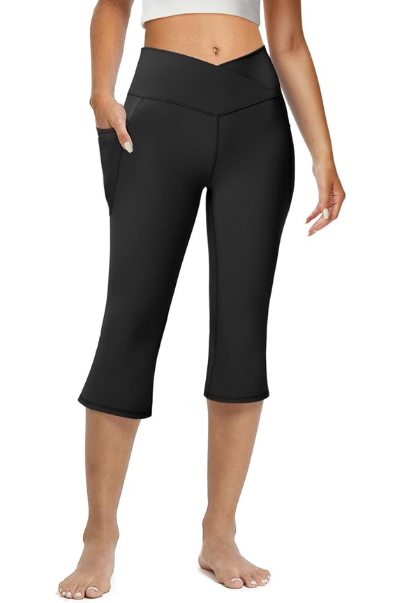 Women's Flare Leggings with Pockets-Crossover High Waisted Bootcut Yoga Pants-Tummy Control Bell Bottom Leggings