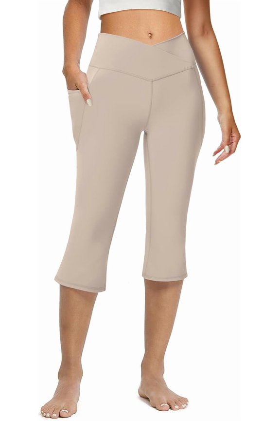 Women's Flare Leggings with Pockets-Crossover High Waisted Bootcut Yoga Pants-Tummy Control Bell Bottom Leggings