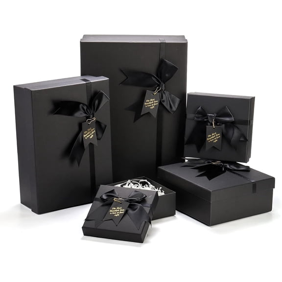 ZENFUN 5 Pack Black Nested Gift Boxes with Lid for Valentine's Presents, Sizes Luxury Packaging Box Ribbon Bows and Label Wrap Thanksgiving Birthday, Weddings, Mother's Day 13.7'' to 5.1''