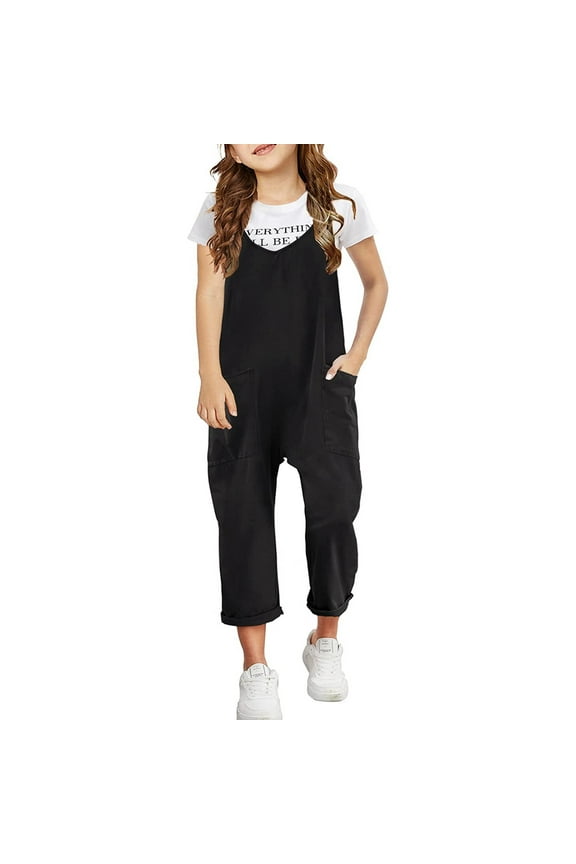 Girls Romper Solid Color Bodysuits Girls Casual Sleeveless Jumpsuits Spaghetti Strap Loose Overalls Rompers Long Pants With Pocket 1 Piece Overalls 8Y-9Y