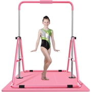 ZENOVA Gymnastics Bar Kids with Mat, Junior Training Bar, Height Adjustable Horizontal Bars, Folding Gymnastics Bars Monkey Bars for Kids, Pink