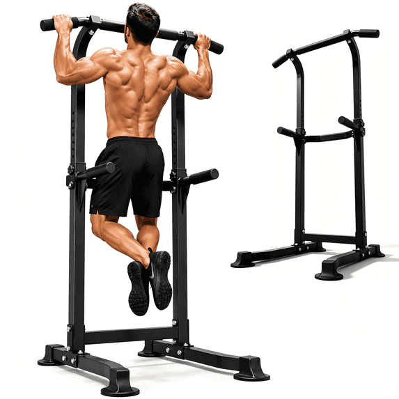 Wesfital Power Tower Pull Up Bar, Pull Up Bar Station Workout Dip Station Height Adjustable Strength Training Equipment 330lbs Weight Capacity, Black