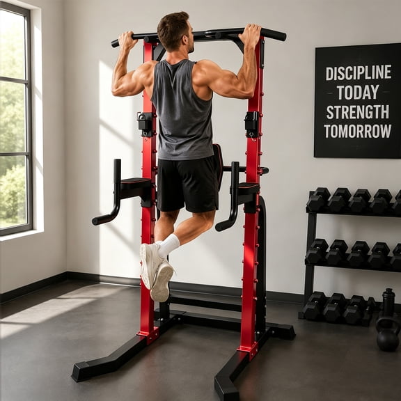 ZENOVA Pull Up Bar Adjustable Power Tower Squat Rack Dip Stands Strength Training Equipment for Home Gym, Red