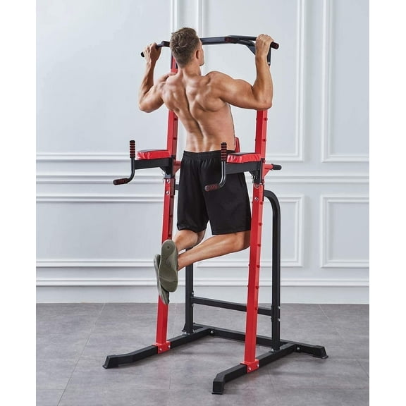 ZENOVA Pull Up Bar Adjustable Power Tower Squat Rack Dip Stands Strength Training Equipment for Home Gym, Red