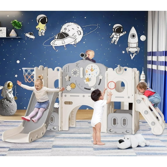 ZENPETIO 12 In 1 Astronaut-Themed Toddler Slide Set for Kids Toddler 1-3 Years w/Toys Moon Cloud Stars Phone Basketball Ring Toss - Beige Gray
