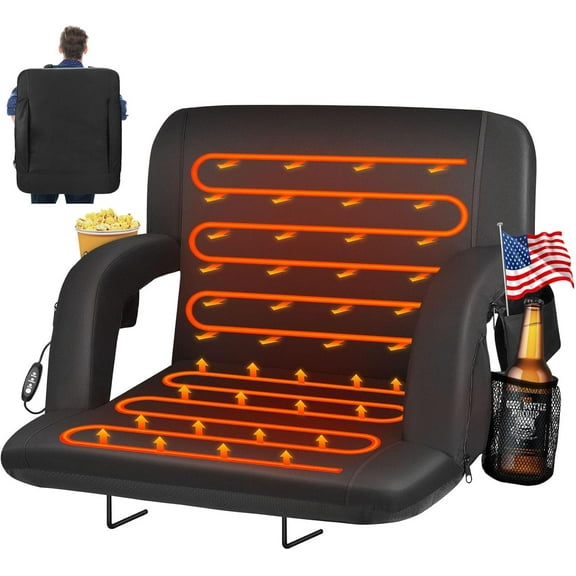 ZENPETIO 25" Foldable Heated Stadium Seats for Bleachers w/Back Support, Wide Cushion, 5 Extra Pockets, USB 3 Levels of Heat for Outdoor Camping Games Sports