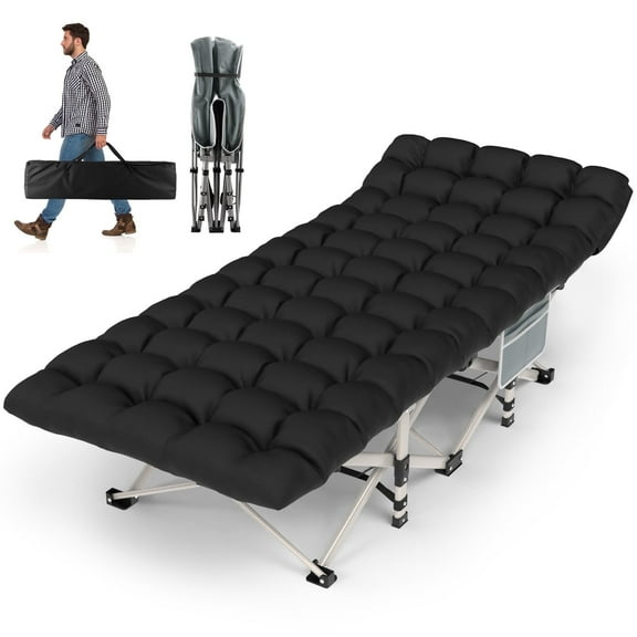 ZENPETIO 28" XL Folding Camping Cot for Adults Sleeping Bed with Mattress 1200D Double Layer Oxford w/ Carry Bag for Home Office Nap Beach Travel Gray Cot Black Pad