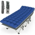 thumbnail image 1 of ZENPETIO 28" XL Folding Camping Cot for Adults Sleeping Bed with Mattress 1200D Double Layer Oxford w/ Carry Bag for Home Office Nap Beach Travel Gray Stripe Cot Blue-Gray Pad, 1 of 8