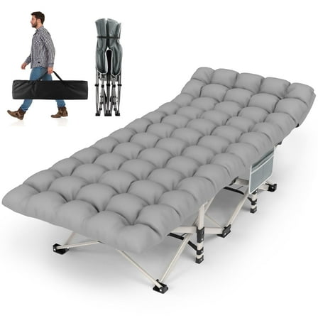 ZENPETIO 28" XL Outdoor Folding Camping Cot for Adults Max Load 500lbs Porable Sleeping Bed w/ Mattress and Carry Bag for Camping Office Nap Travel Gray Cot Gray Pad