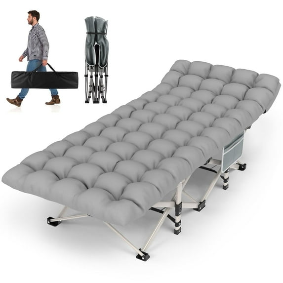 ZENPETIO 28" XL Outdoor Folding Camping Cot for Adults Max Load 500lbs Porable Sleeping Bed w/ Mattress and Carry Bag for Camping Office Nap Travel Gray Cot Gray Pad