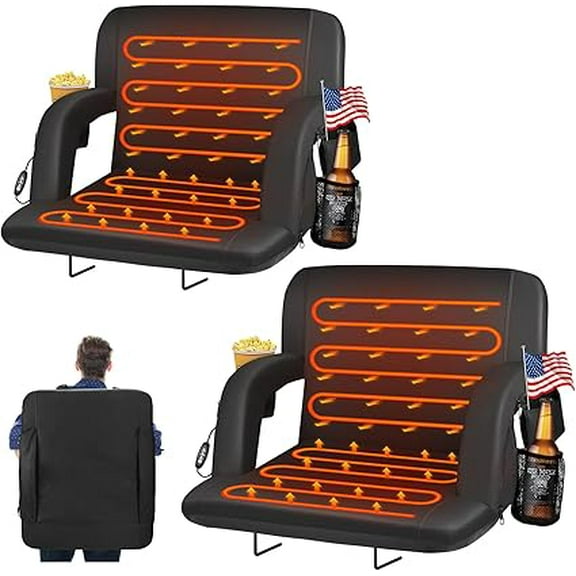 ZENPETIO 2PCS 25" Foldable Heated Stadium Seats for Bleachers w/Back Support, Wide Cushion, 5 Extra Pockets, USB 3 Levels of Heat for Outdoor Camping Games Sports