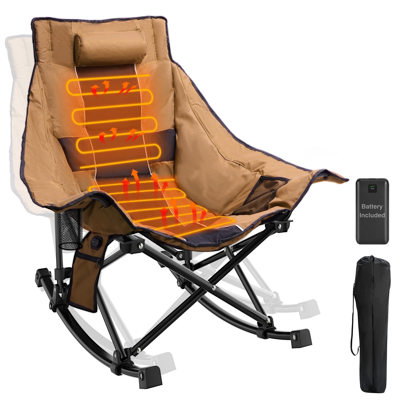 ZENPETIO 330lbs Heated Camping Rocking Chair w/ 20000mAh Power Bank Portable Folding Oversized Heated Chair for Winter Camp Lawn Sports Khaiki