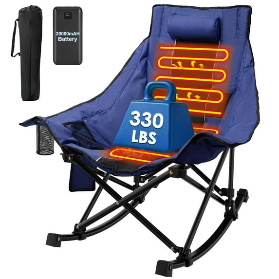 ZENPETIO 330lbs Oversized Heated Camping Rocking Chair w/20000mAh Power Bank Portable Folding Outdoor Indoor Rocking Chair for Camp Lawn Sports Winter Blue