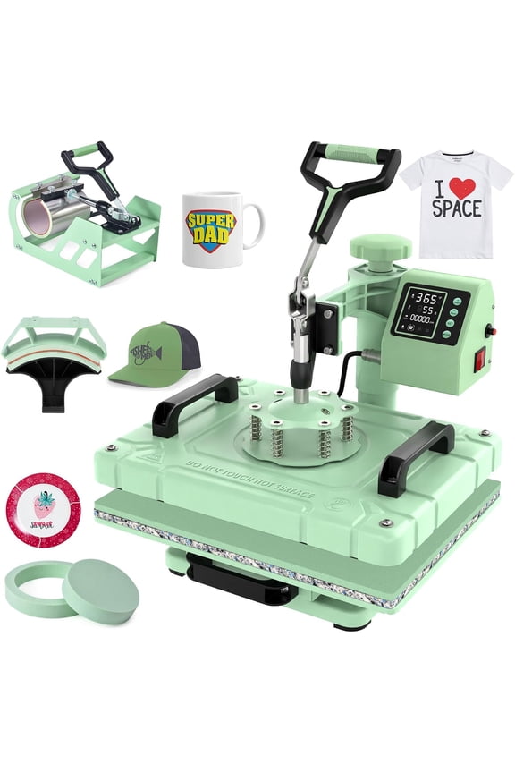 5 in 1 Heat Press Machine 12x15" T-Shirt Pressing Machine 360° Swing Away Sublimation Heat Press Digital Heat Transfer w/ 11OZ Tumbler Press, Multifunction Combo for Hat Cap Mug Plate Green