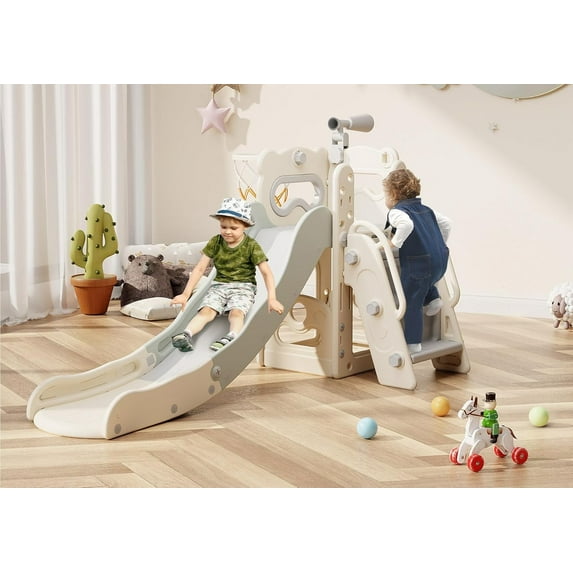 ZENPETIO 6 in1 Toddler WatchTower Slide for Kids Ages 1-3 Indoor Outdoor Sliding Playset w/ Basketball Hoop Telescope
