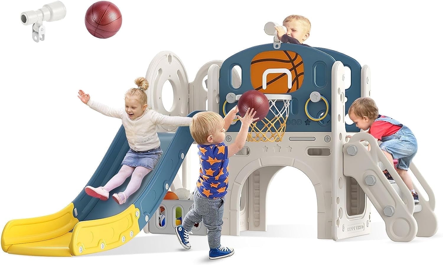 ZENPETIO 9 in 1 Toddler Slide for Kids Age 1-3 with Ring Toss, Basketball Hoop, and Telescope, Indoor Outdoor Slide Toddler Playset Toddler Playground Blue Yellow