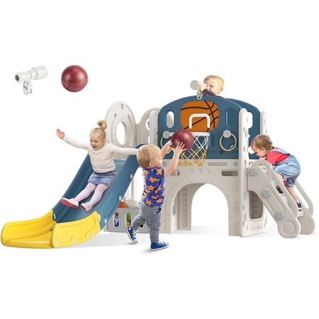 ZENPETIO 9 in 1 Toddler Slide for Kids Age 1-3 with Ring Toss, Basketball Hoop, and Telescope, Indoor Outdoor Slide Toddler Playset Toddler Playground Blue Yellow