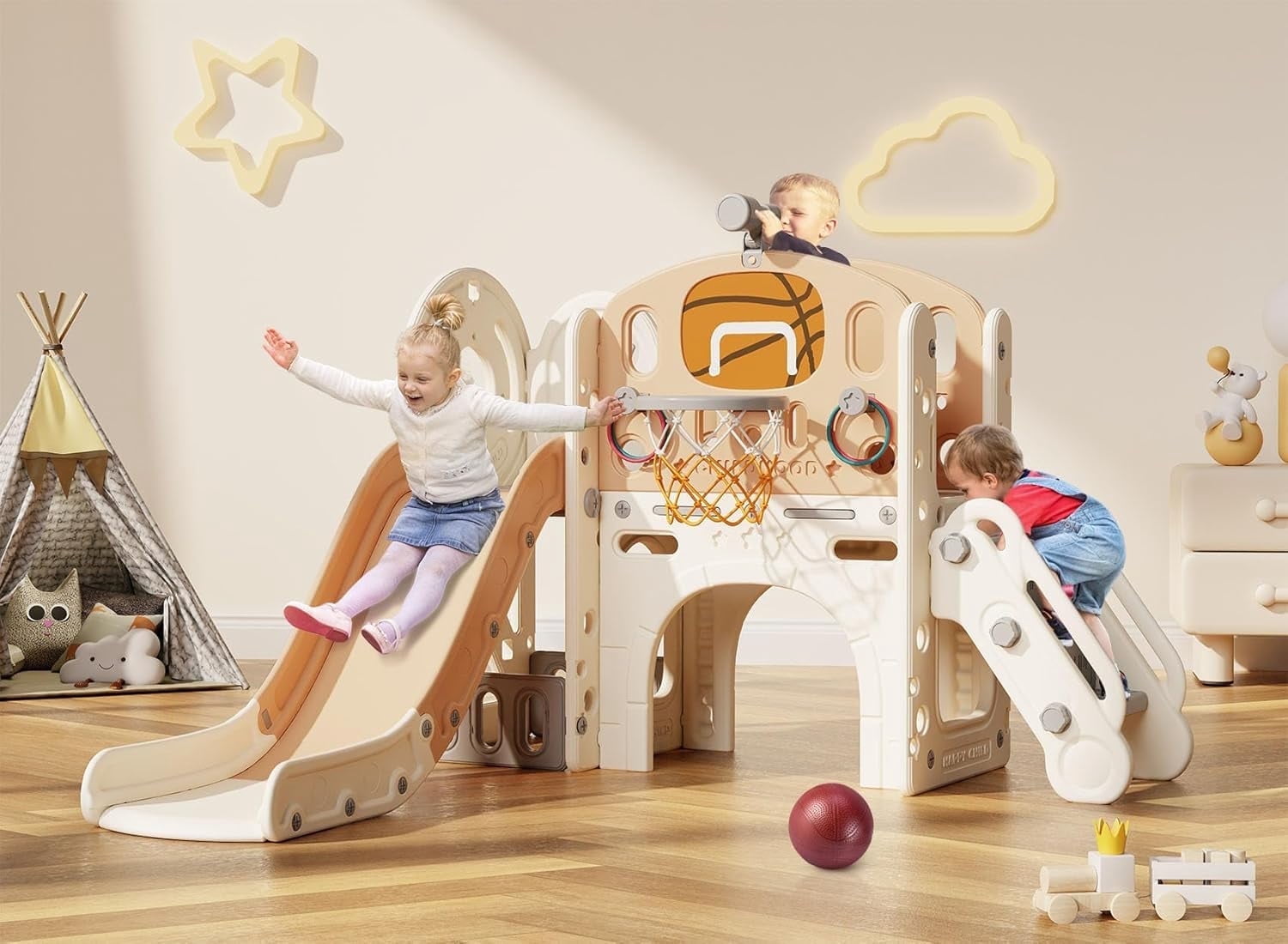 ZENPETIO 9 in 1 Toddler Slide for Toddlers Age 1-3 w/ Ring Toss Basketball Hoop and Telescope Indoor Outdoor Kid Slide Playset Toddler Playground Slide Beige