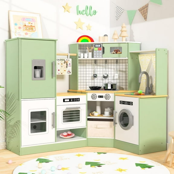 ZENPETIO Corner Wooden Play Kitchen Set for Kids Age 3+ w/Lights Sounds Stove Microwave Ice Maker Accessories Calendar Toddlers Pretend Play Kitchen Playset Green