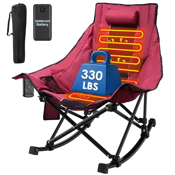 ZENPETIO Heated Camping Chair, Oversized Outdoor Rocking Chair with 20000mAh Power Bank, Portable Folding Heated Chair for Camp, Lawn, Sports, Winter Use
