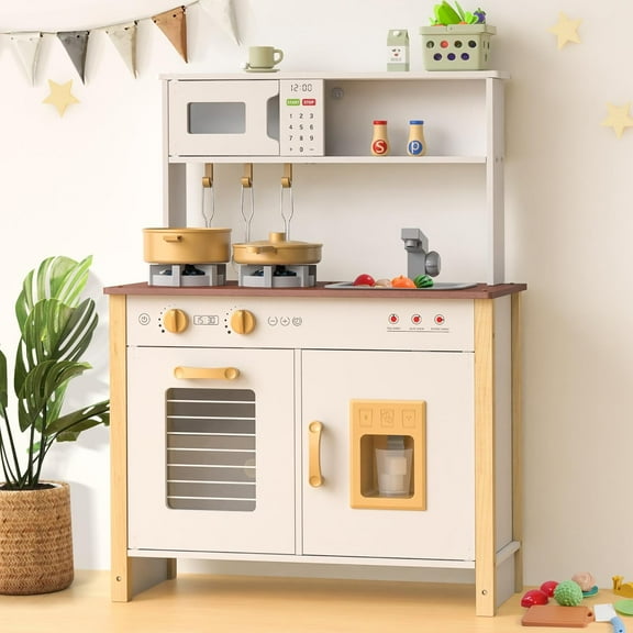 ZENPETIO Kids Wooden Play Kitchen Set for Toddler Ages 3+ w/Realistic Lights Sounds Stove Sink Oven Small Pretend Play Toddler Kitchen White