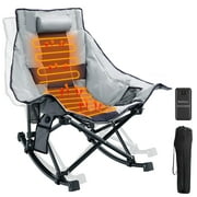 ZENPETIO Oversized Heated Camping Rocking Chair w/ 20000mAh Power Bank Outdoor Portable Folding Recliner Reclining Chair for Camp, Lawn, Sports, Winter Use Gray