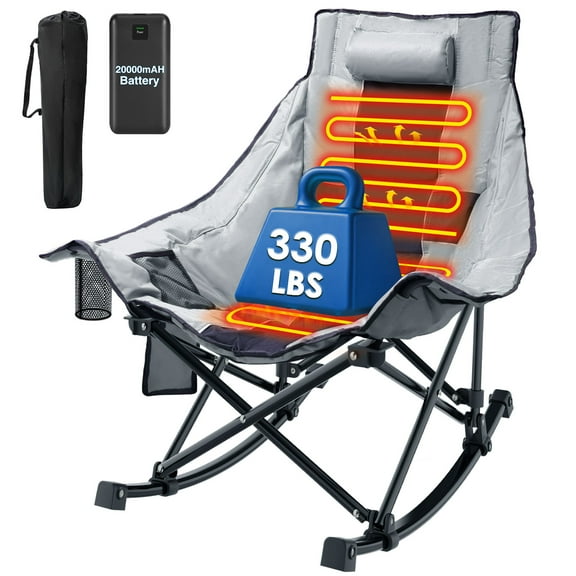 ZENPETIO Oversized Heated Camping Rocking Chair w/ 20000mAh Power Bank Outdoor Portable Folding Recliner Reclining Chair for Camp, Lawn, Sports, Winter Use Gray