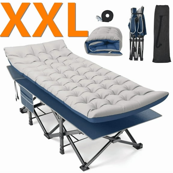 ZENPETIO Oversized XXL 32" Folding Camping Cot for Adults Outdoor Sleeping Bed with Mattress and Pillow w/ Carry Bag for Camping Home Office Nap Beach Travel Blue Cot Blue-Gray Pad