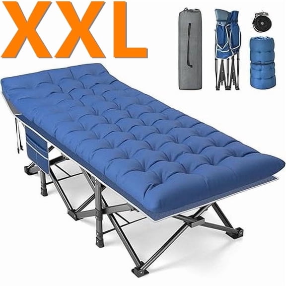 ZENPETIO Oversized XXL 32" Folding Camping Cot for Adults Outdoor Sleeping Bed with Mattress and Pillow w/Carry Bag for Camping Home Office Nap Beach Travel Blue Cot Blue Pad