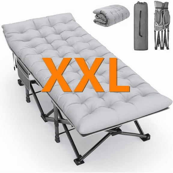 ZENPETIO Oversized XXL 32" Folding Camping Cot for Adults Outdoor Sleeping Bed with Mattress and Pillow w/ Carry Bag for Camping Home Office Nap Beach Travel Stripe Gray Cot Gray Pad