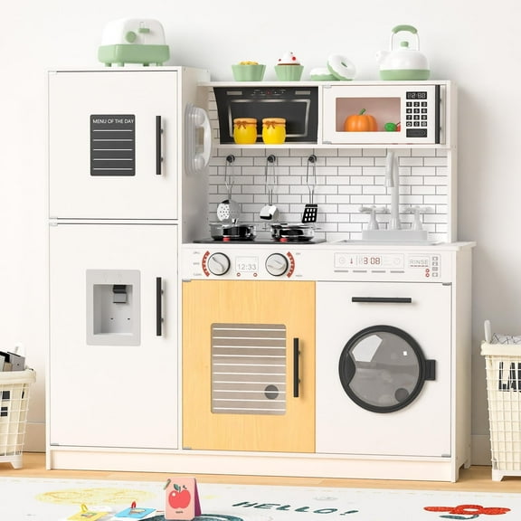 ZENPETIO Wooden Interactive Play Kitchen Playset for Kids Ages 3+ W/ Lights & Sounds & Faucet Oven Microwave Kitchenware Toddlers Children Pretend Toy Kitchen Set