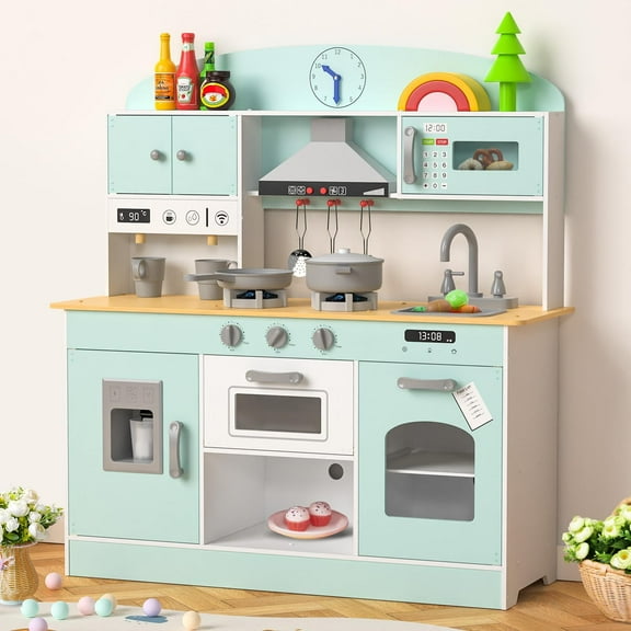ZENPETIO Wooden Kids Play Kitchen Set w/Lights and Sounds for Kids Toddlers Ages 3+ Includes Stove Oven Microwave Coffee Maker Accessories Toy Kitchen Set Blue