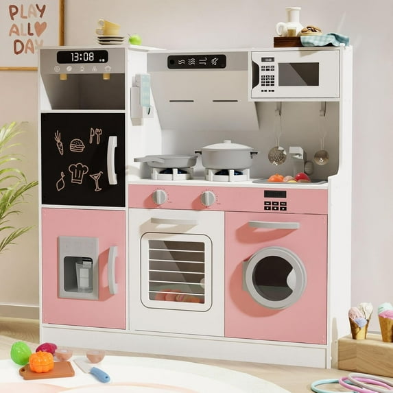 ZENPETIO Wooden Play Kitchen w/Realistic Lights & Sounds for Ages 3+, Kitchen Playset with 28 Pcs Toy Food & Cookware Accessories, Toy Kitchen with Plenty of Play Features Pink