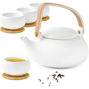 ZENS Japanese Tea Set with Infuser, Modern Bentwood Handle 27 oz Matte Ceramic Loose Leaf Teapot with 4 Cups & RattanCoasters for Tea Lover Gift