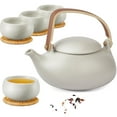 thumbnail image 1 of ZENS Japanese Teapot Set with Infuser, 27oz Modern Bentwood Handle Matte Ceramic Loose Leaf Tea Pot with 4 Cups & RattanCoasters for Gift, 1 of 6