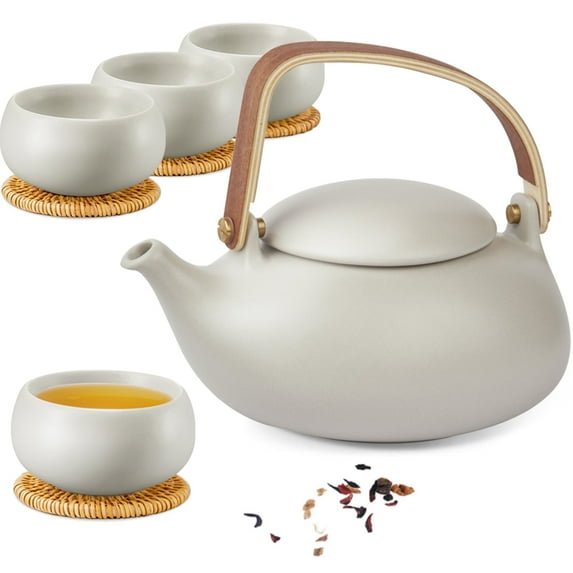 ZENS Japanese Teapot Set with Infuser, 27oz Modern Bentwood Handle Matte Ceramic Loose Leaf Tea Pot with 4 Cups & RattanCoasters for Gift