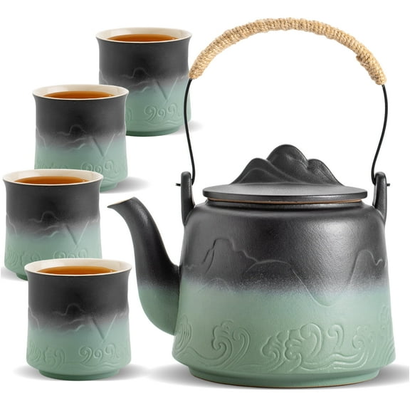 ZENS Japanese Teapot with Strainer, 27oz Modern Matte Grey Ceramic Loose Leaf Infuser Tea Pot with Wood Handle for Gift