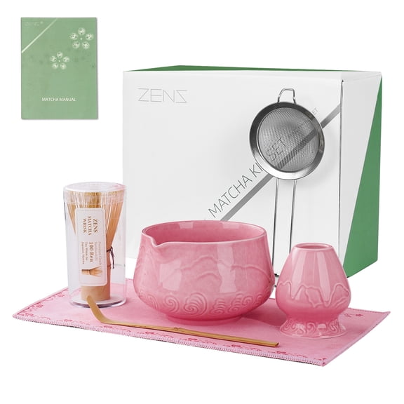 ZENS Matcha Whisk Set, 6pcs Matcha Kit Includes Ceramic Bowl, Handcrafted Bamboo Whisk and Chasen Holder, Scoop, 304 Sifter & Tea Mat