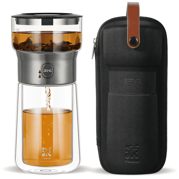 ZENS Modern Glass Tea Infuser Teapot, Smart One Touch Tea Maker for Loose Tea Diffusers with Insulated Mug and Portable Tea Kits
