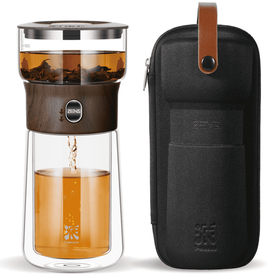 ZENS Modern One Touch Tea Maker, Glass Teapot with Infuser & Insulated Mug for Gongfu Tea Diffusers