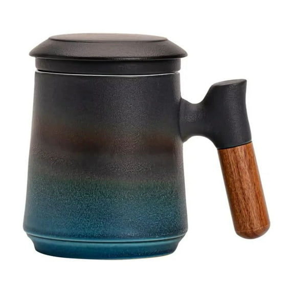 ZENS Tea Cup with Infuser and Lid, 14.5 OZ Gradient Blue Ceramic Loose Tea Steeping Mug with Wood Handle