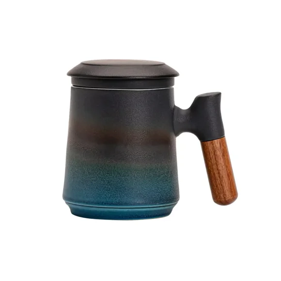 ZENS Tea Cup with Infuser and Lid, 14.5 OZ Gradient Blue Ceramic Loose Tea Steeping Mug with Wood Handle