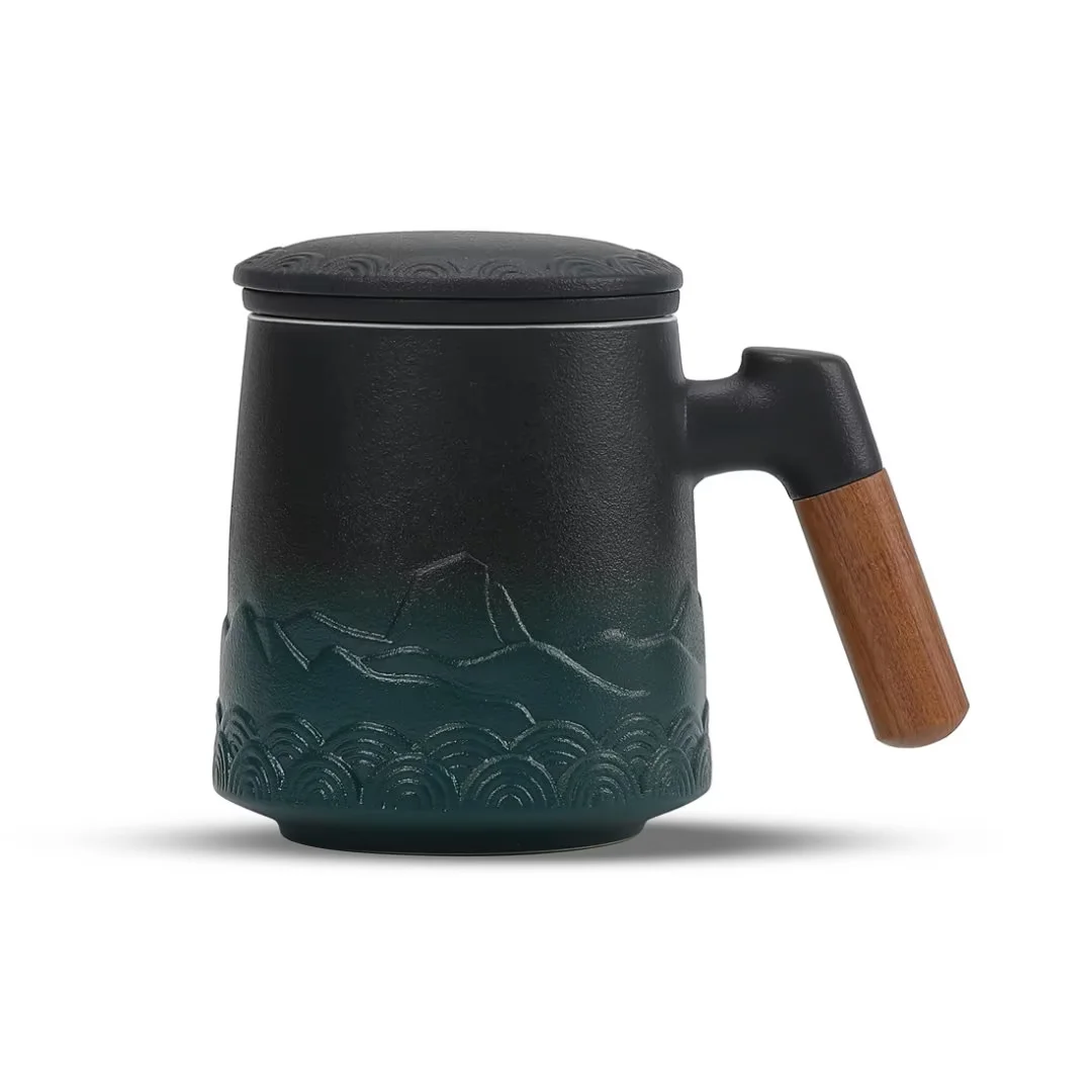 ZENS Tea Cup with Infuser and Lid, 16.9 OZ Gradient Embossed Ceramic